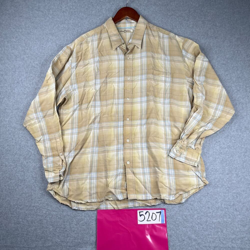 Tommy Bahama Shirt XL Beige Plaid Beach Casual Button Up Long Sleeve Mens